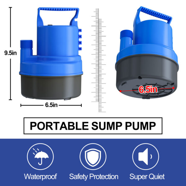 HONGDONG 1/2HP Small Water Pump 2200GPH Submersible Sump Pump For Basements Garden Pond Pool Flooded Water Removal With 16.4 Ft Power Cord and Hose Adapters - Image 4