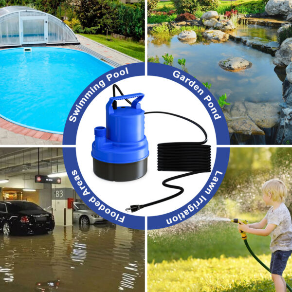 HONGDONG 1/2HP Small Water Pump 2200GPH Submersible Sump Pump For Basements Garden Pond Pool Flooded Water Removal With 16.4 Ft Power Cord and Hose Adapters - Image 5
