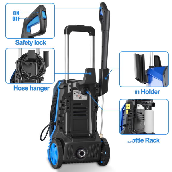 Electric Pressure Washer with 25FT Hose, 4 Quick Connect Nozzles and 16.9 oz Soap Tank Blue - Image 4