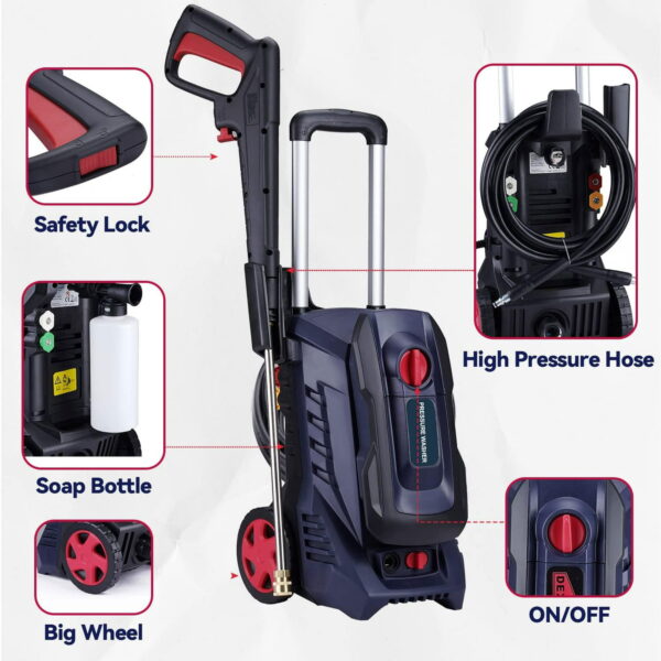 Electric Pressure Washer 2900 PSI, Max. 1.8 GPM Power Washer 25 ft Hose, 4 Quick Connect Nozzles, Foam Cannon, Clean Patios, Cars, Fences, Driveways - Image 4